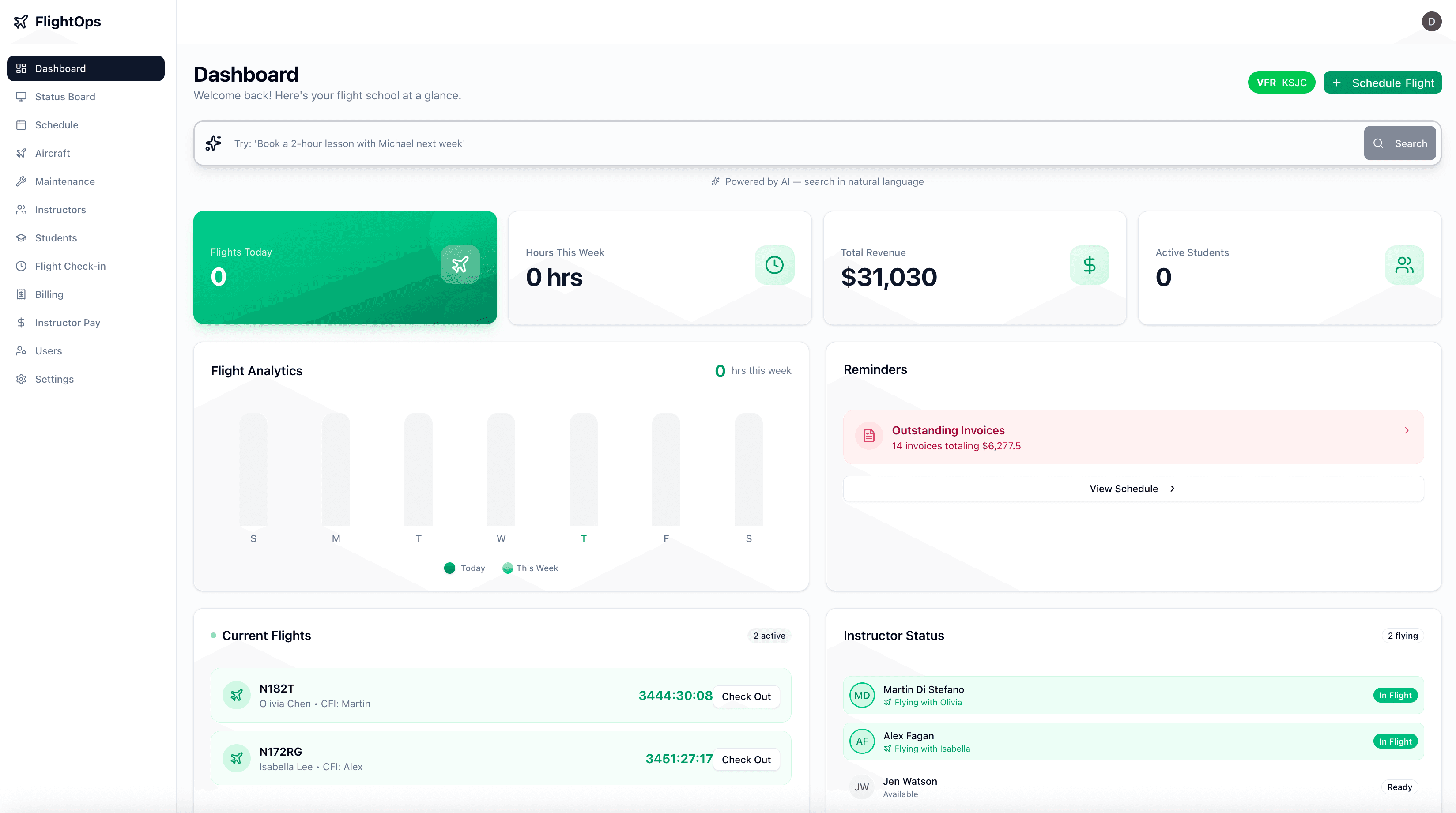 FlightOps dashboard with flight school scheduling and billing metrics