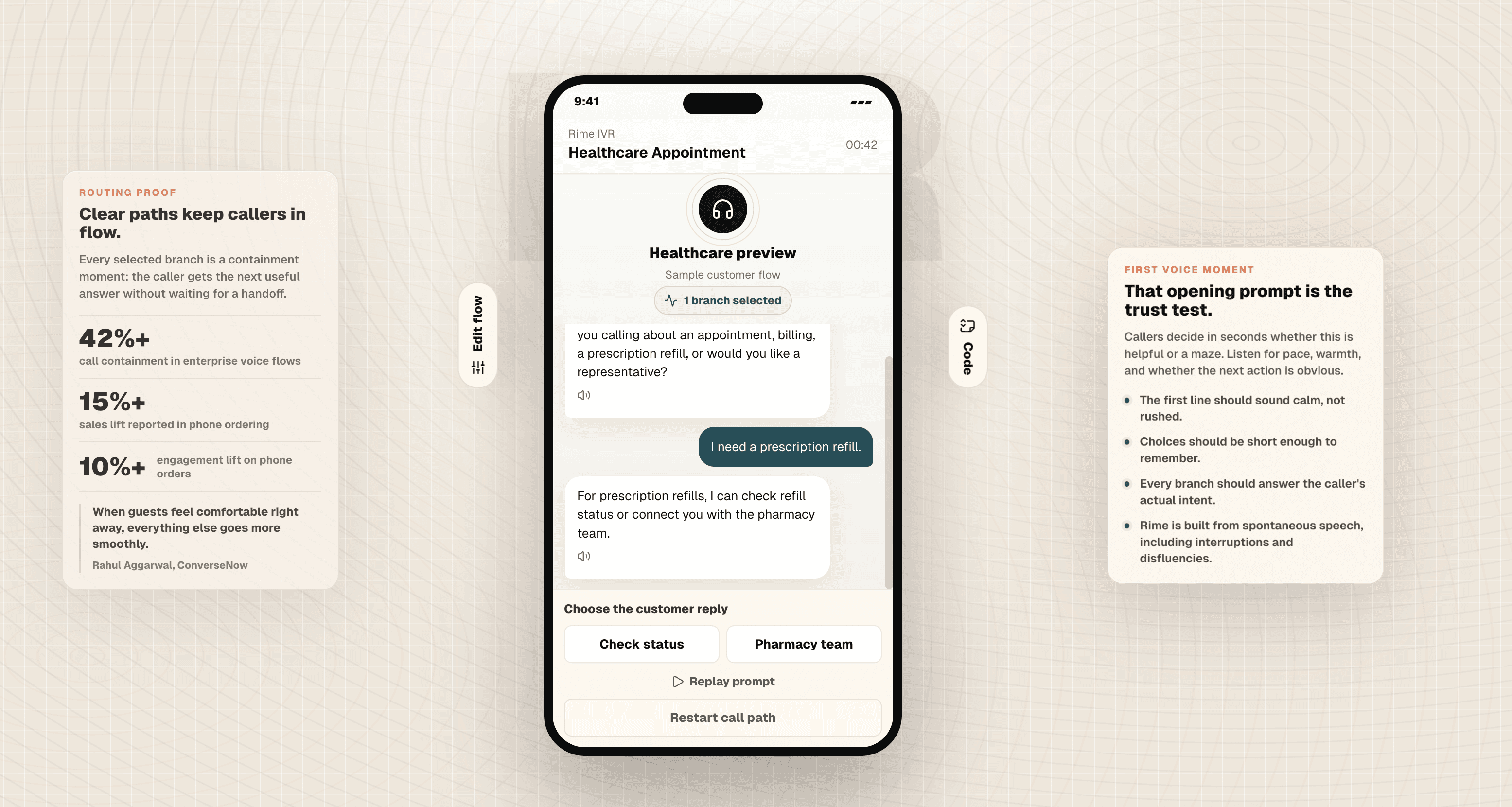 Rime IVR Preview Studio showing a healthcare appointment voice flow with routing proof and first voice moment guidance