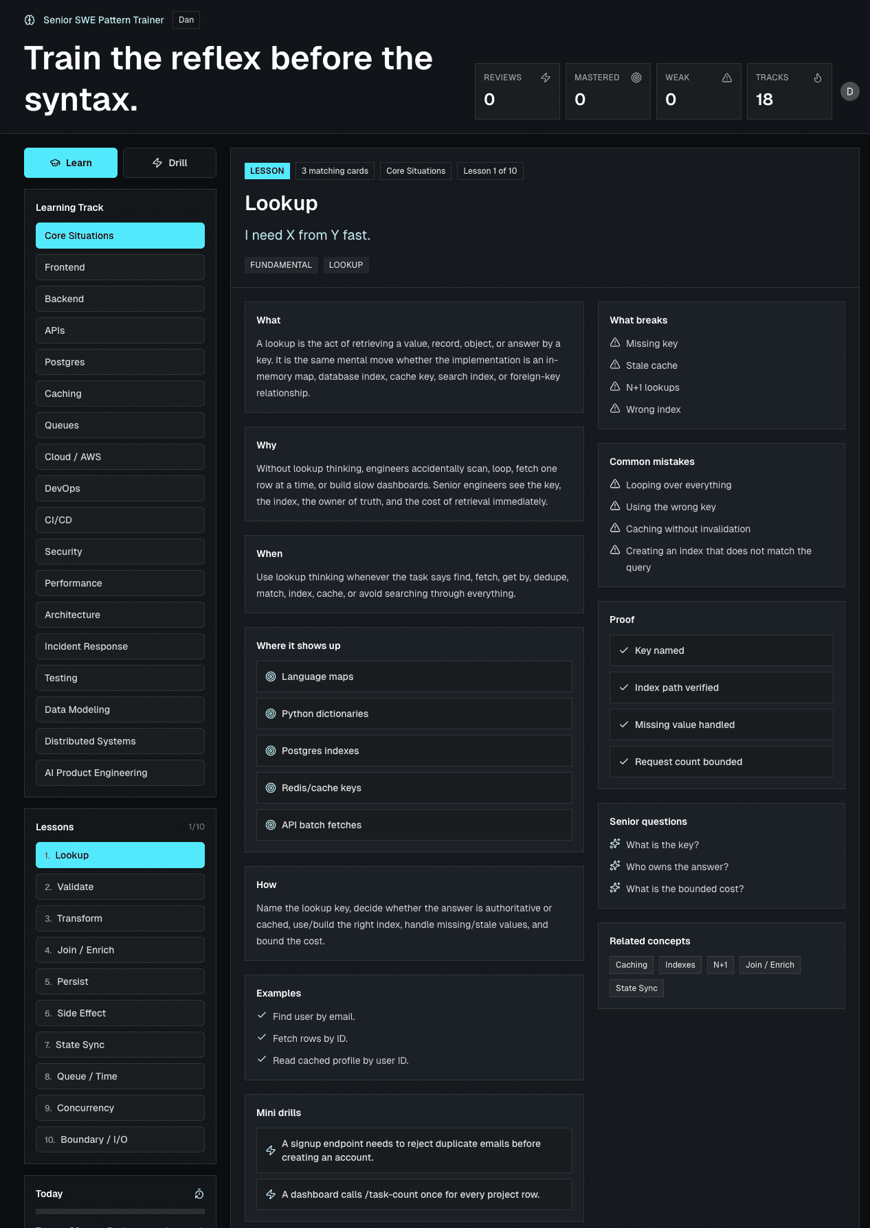Senior SWE Pattern Trainer lesson interface