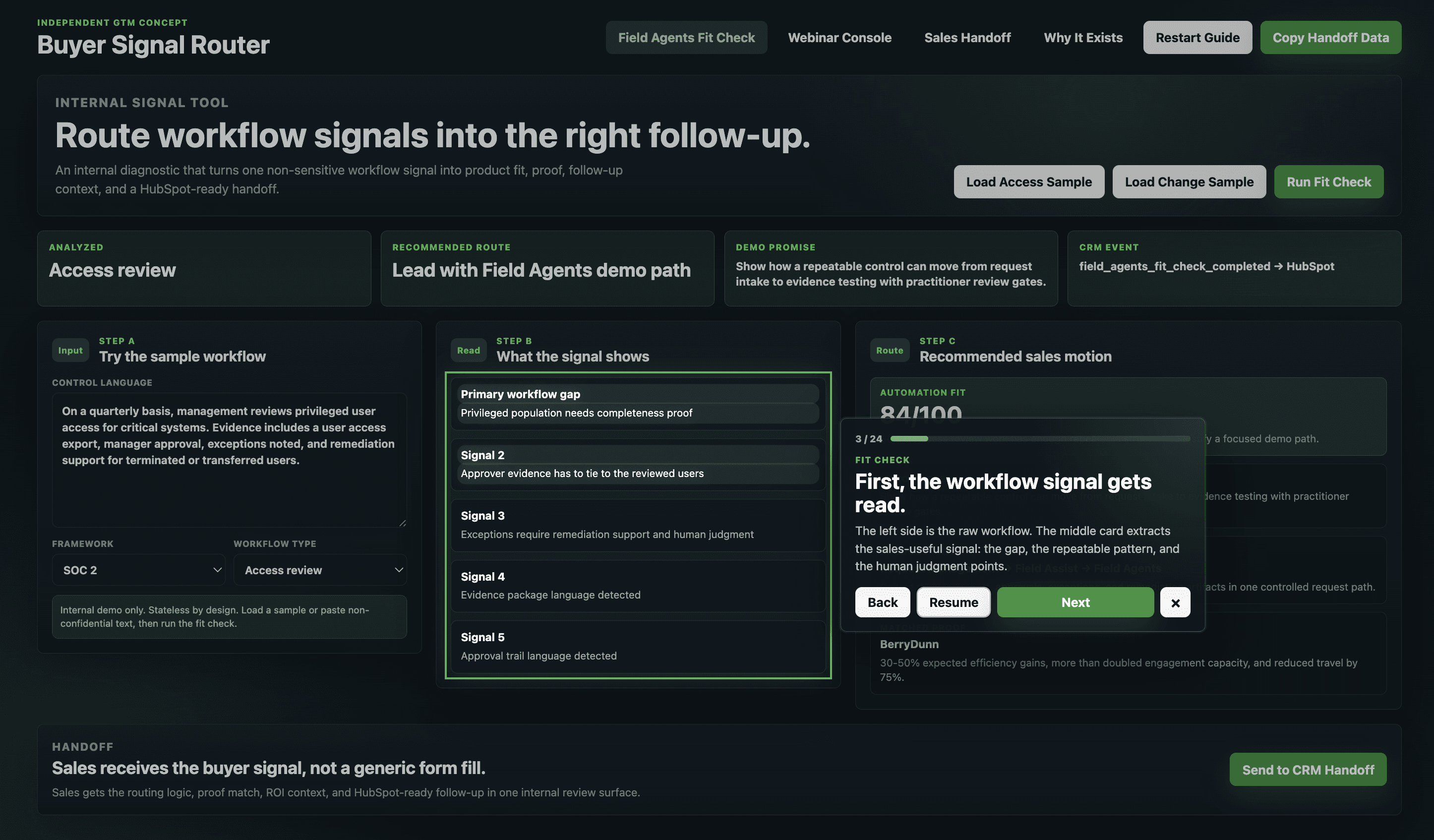 Buyer Signal Router interface showing workflow signal analysis, recommended sales motion, and CRM handoff